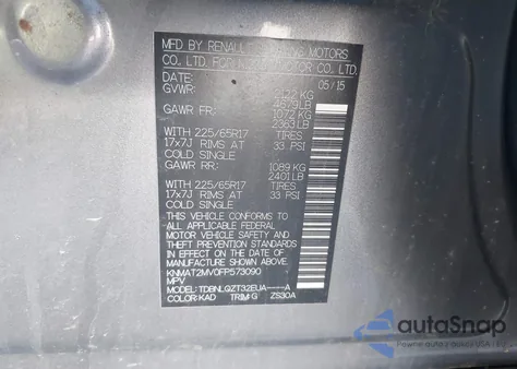 2015 Nissan Rogue Sv z USA, uszkodzony, nr VIN KNMAT2MV0FP573090